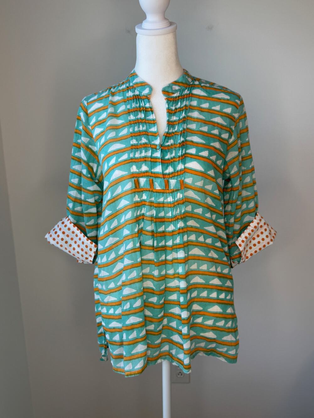 Oliphant Turquoise Orange Geometric Print Pintuck Tunic Top